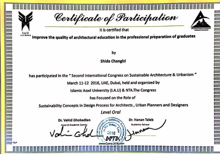 Certificate of participation, oral paper, Second International Congress on Sustainable Architecture and Urbanism, Dubai 2016